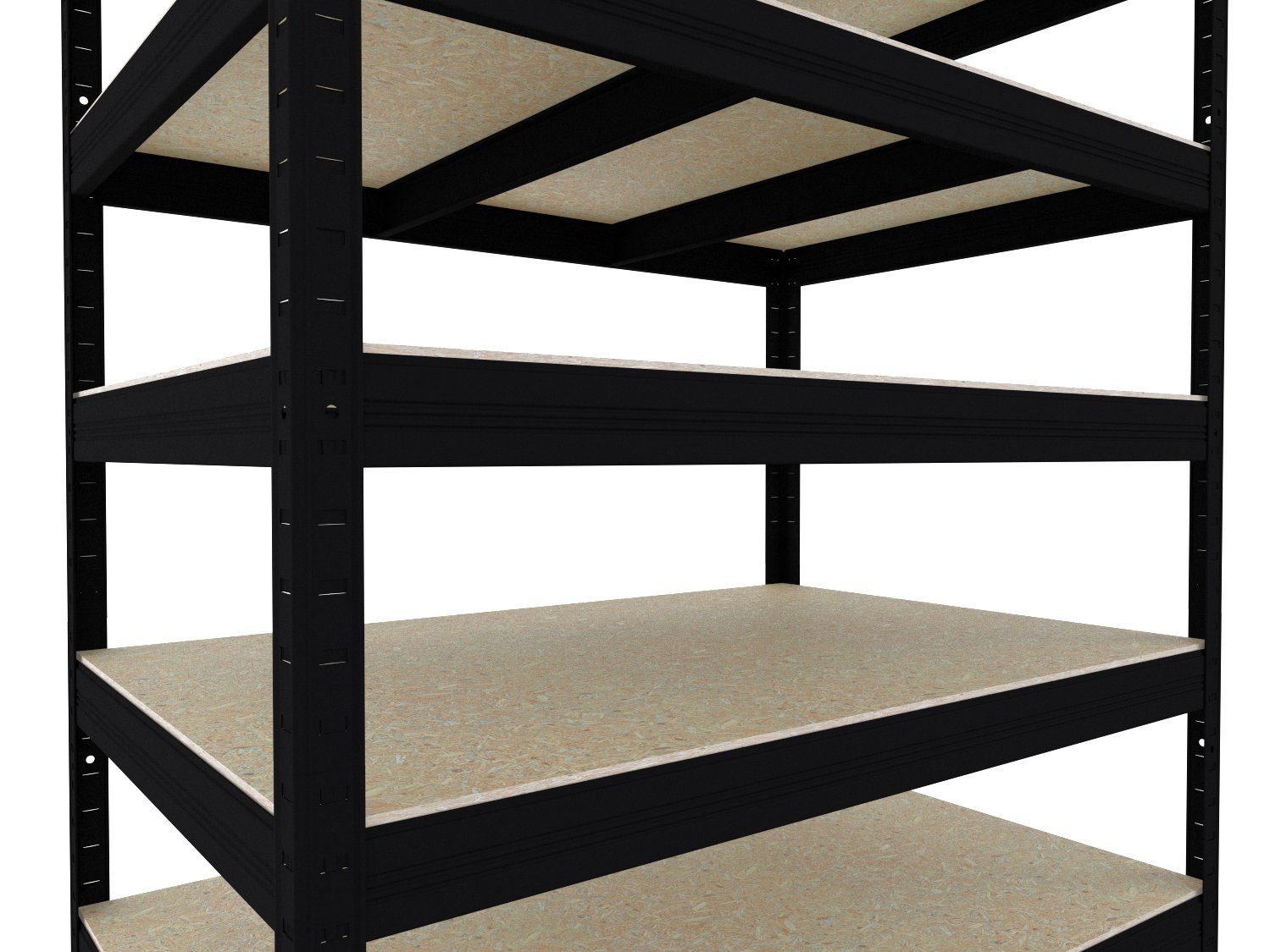 Detail spojení kovového regálu s OSB deskami